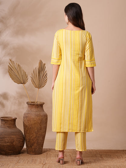 Stripes Printed Resham & Sequins Embroidered Kurta with Pants - Yellow