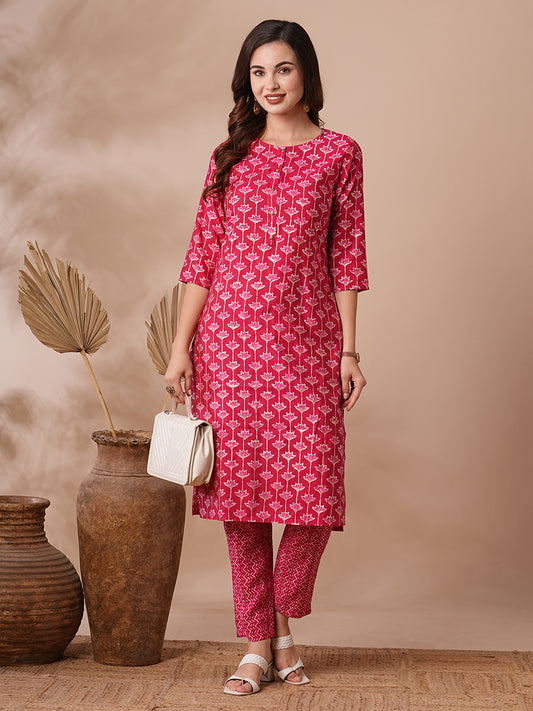 Ethnic Floral Foil Printed & Embroidered Straight Kurta with Pant - Magenta