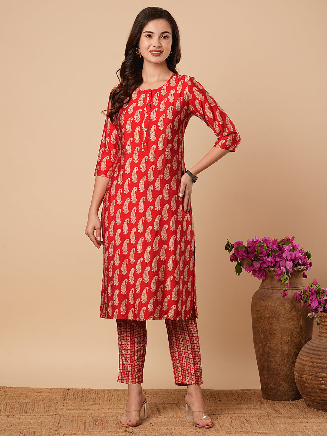 Ethnic Paisley Foil Printed Straight Fit Kurta with Pant - Red