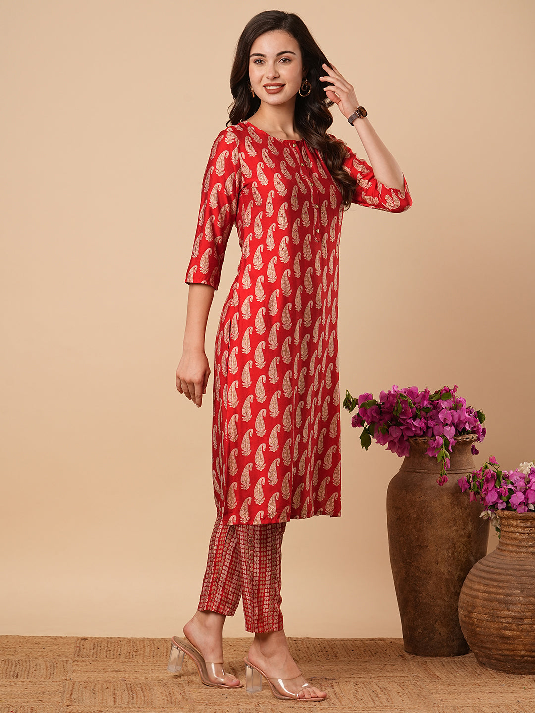 Ethnic Paisley Foil Printed Straight Fit Kurta with Pant - Red