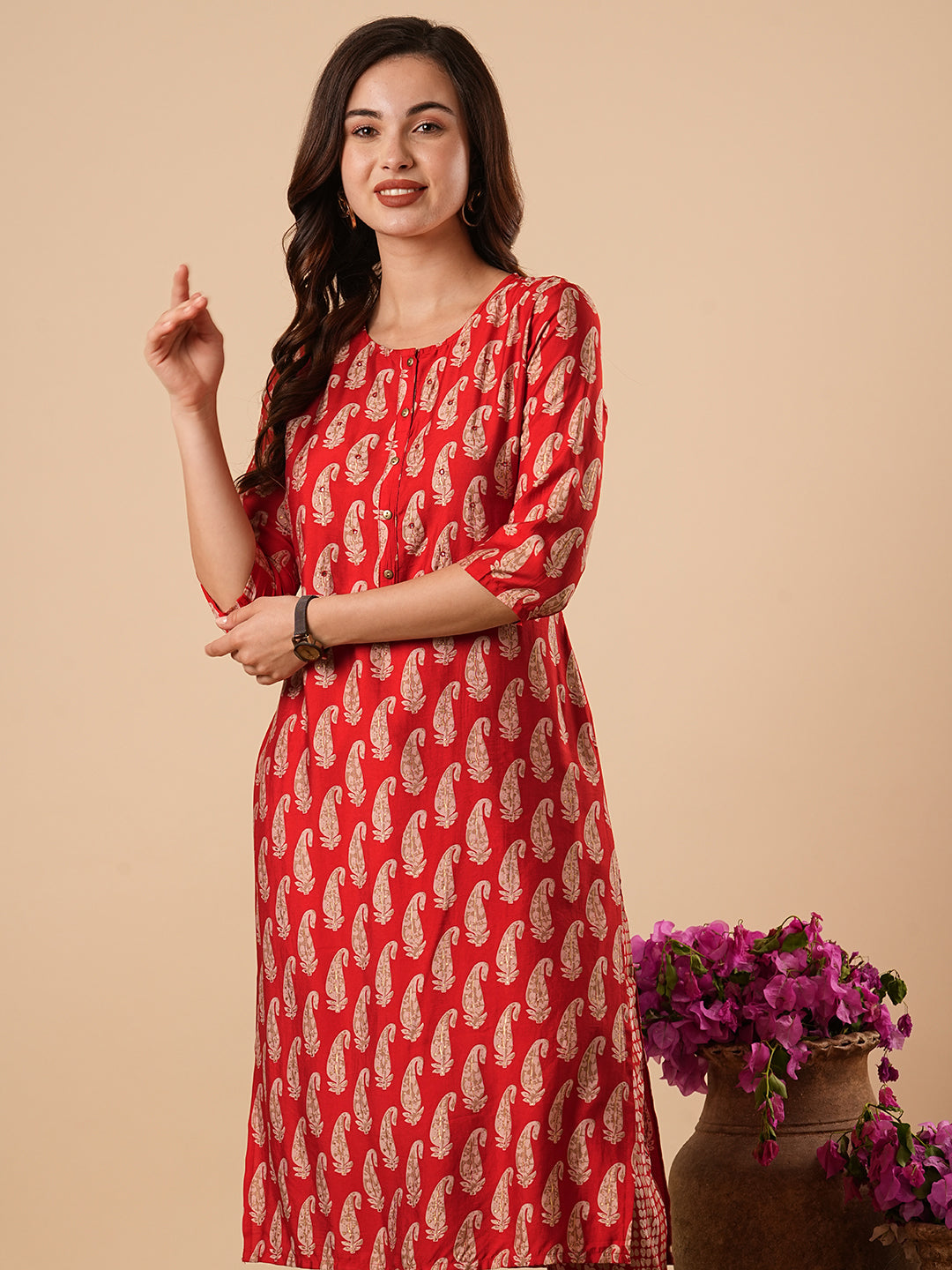 Ethnic Paisley Foil Printed Straight Fit Kurta with Pant - Red