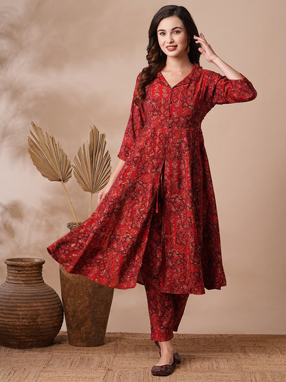 Ethnic Floral Foil Printed A-Line Paneled Kurta with Pant - Red