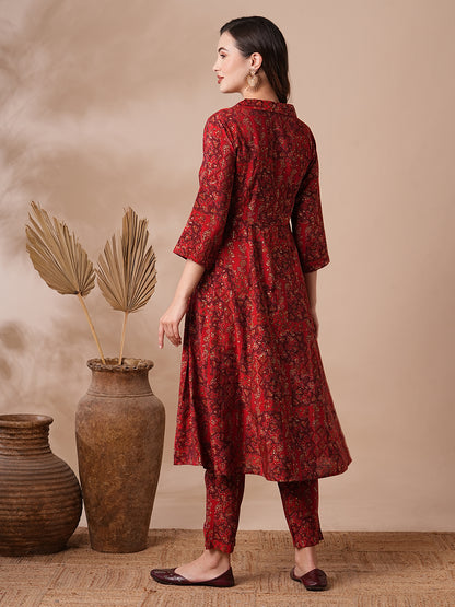 Ethnic Floral Foil Printed A-Line Paneled Kurta with Pant - Red