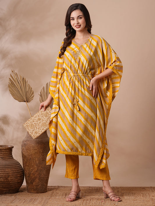 Ethnic Leheriya Foil Printed Hand Embroidered Kaftan Kurta with Pant - Yellow