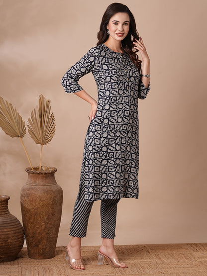 Geometric Printed Straight Fit Kurta with Pant - Black