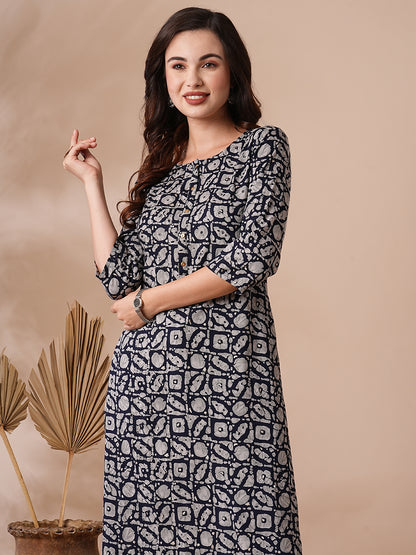 Geometric Printed Straight Fit Kurta with Pant - Black