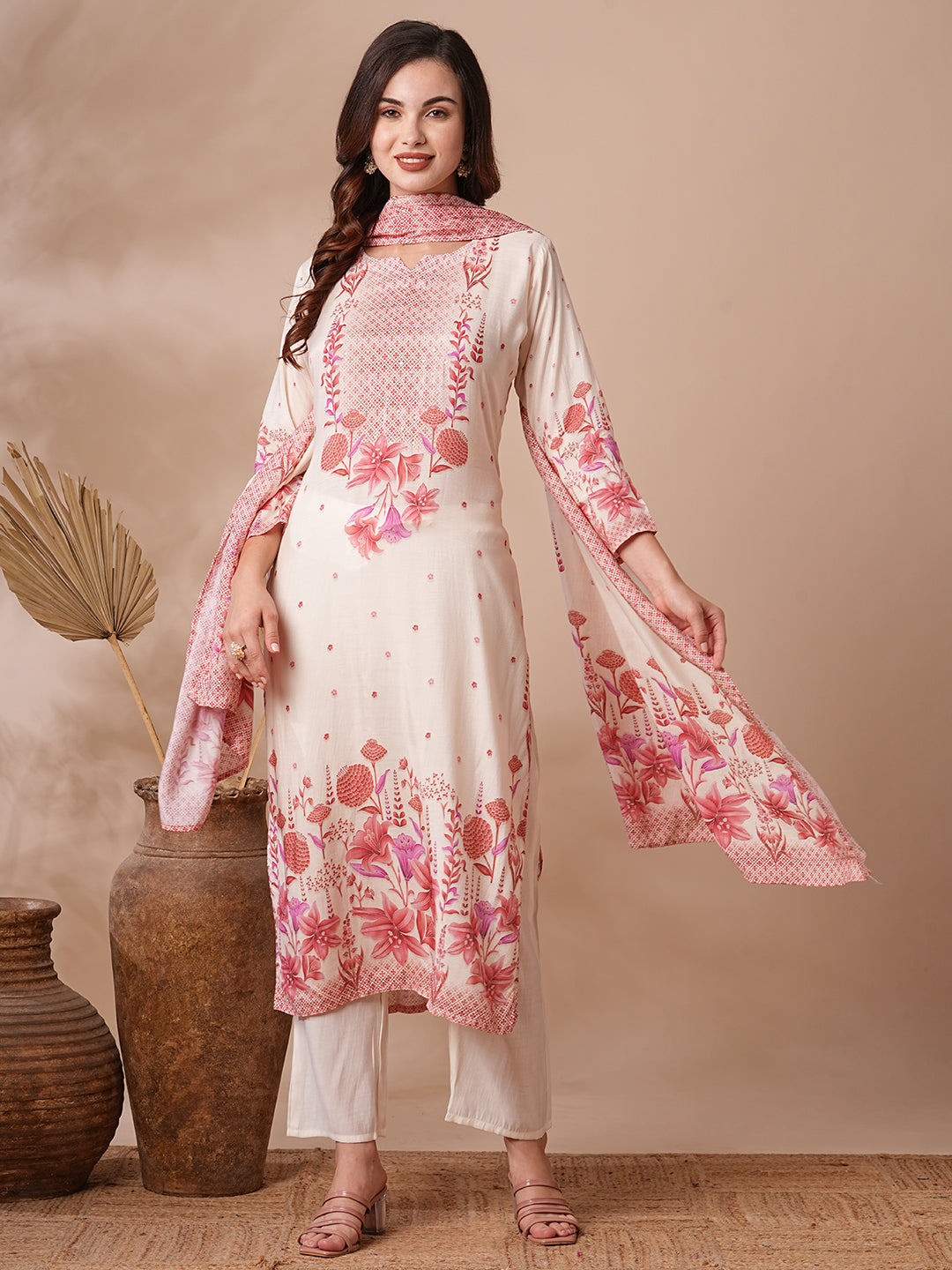 Botanical Floral Printed & Sequined Straight Kurta with Pant & Dupatta - Off White