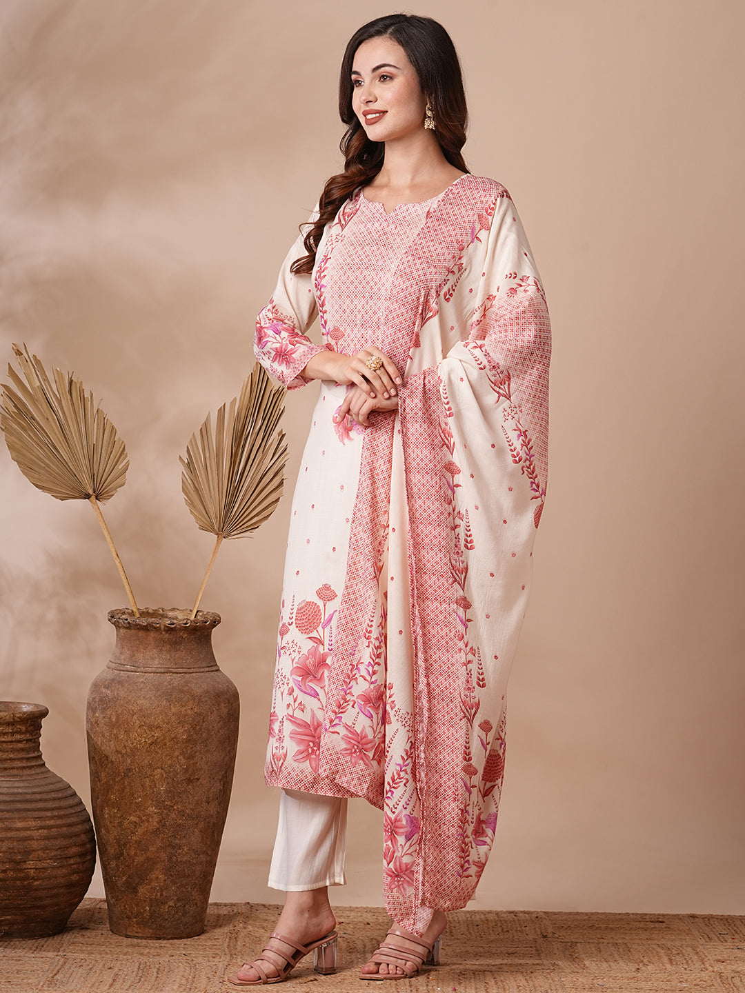 Botanical Floral Printed & Sequined Straight Kurta with Pant & Dupatta - Off White