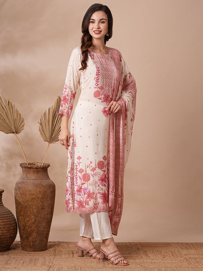 Botanical Floral Printed & Sequined Straight Kurta with Pant & Dupatta - Off White