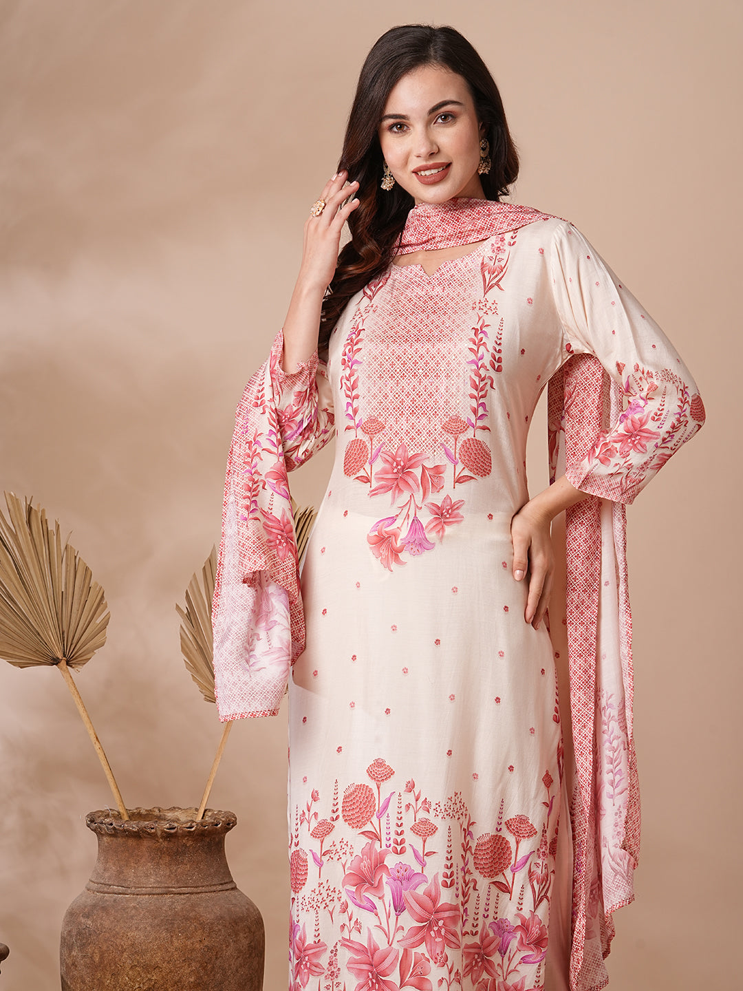 Botanical Floral Printed & Sequined Straight Kurta with Pant & Dupatta - Off White