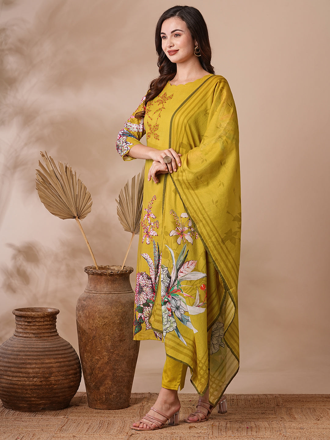 Floral Printed & Embroidered Straight Kurta with Pant & Dupatta - Lime Green