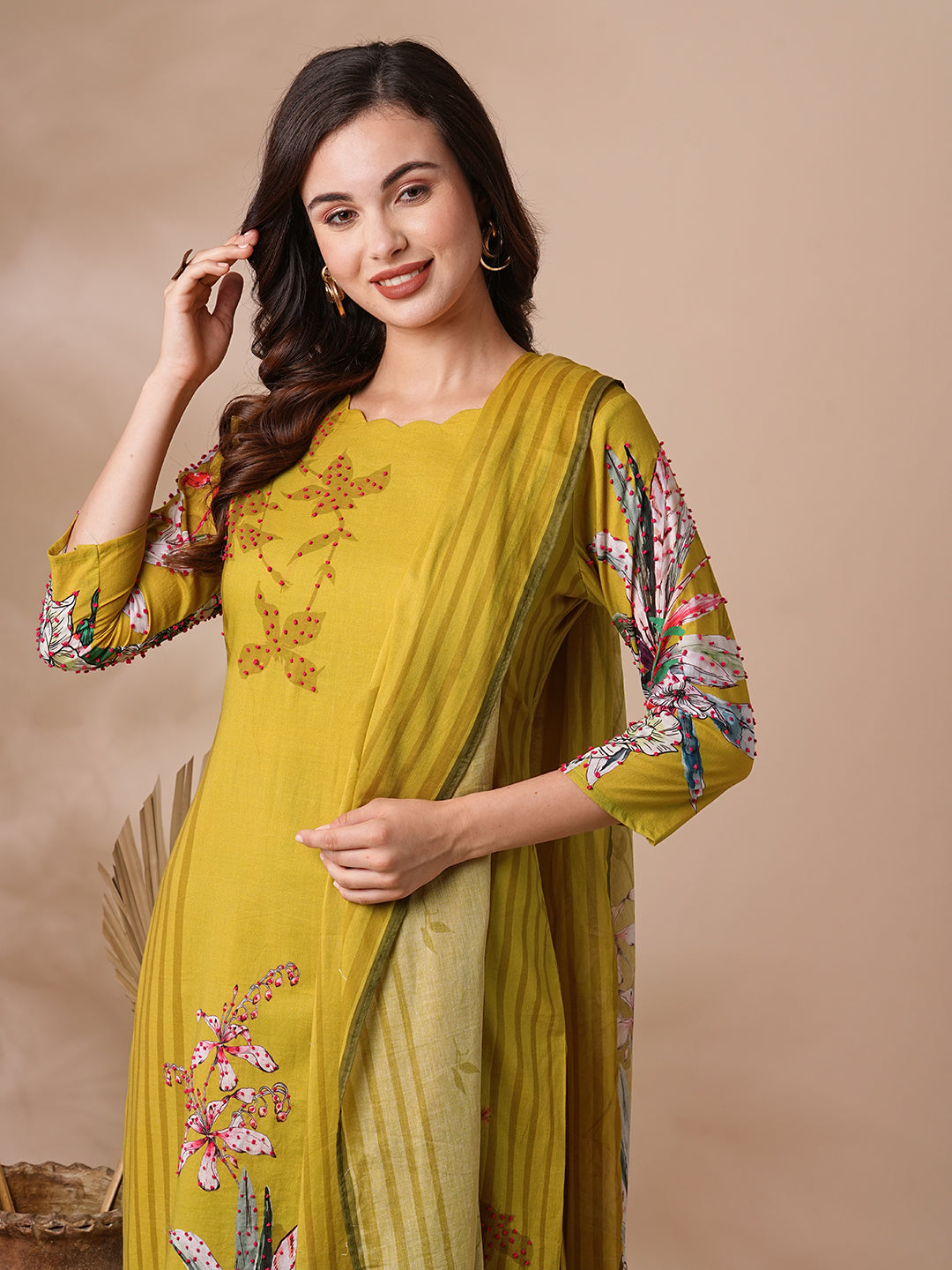 Floral Printed & Embroidered Straight Kurta with Pant & Dupatta - Lime Green