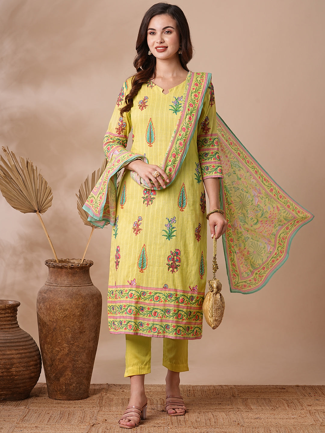 Ethnic Floral Printed & Embroidered Straight Fit Kurta with Pant and Pure Cotton Dupatta - Yellow