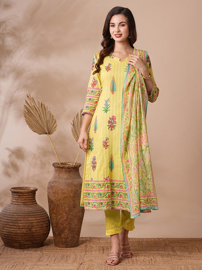 Ethnic Floral Printed & Embroidered Straight Fit Kurta with Pant and Pure Cotton Dupatta - Yellow