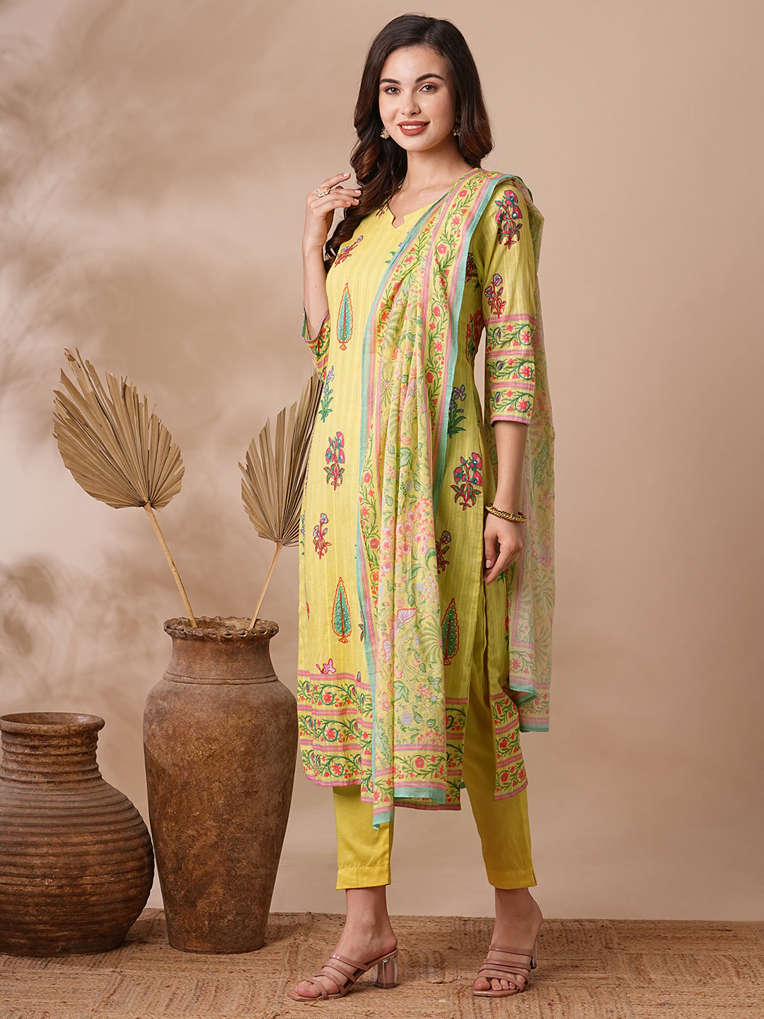 Ethnic Floral Printed & Embroidered Straight Fit Kurta with Pant and Pure Cotton Dupatta - Yellow