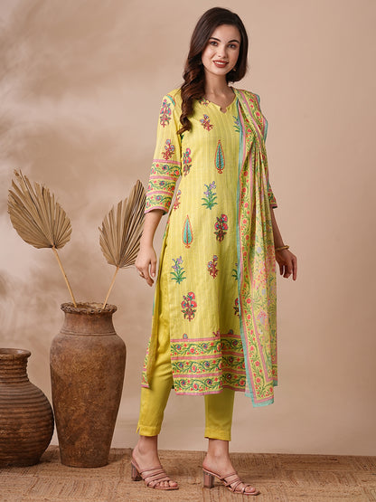 Ethnic Floral Printed & Embroidered Straight Fit Kurta with Pant and Pure Cotton Dupatta - Yellow