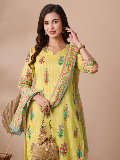 Ethnic Floral Printed & Embroidered Straight Fit Kurta with Pant and Pure Cotton Dupatta - Yellow