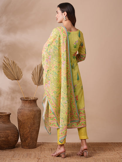 Ethnic Floral Printed & Embroidered Straight Fit Kurta with Pant and Pure Cotton Dupatta - Yellow