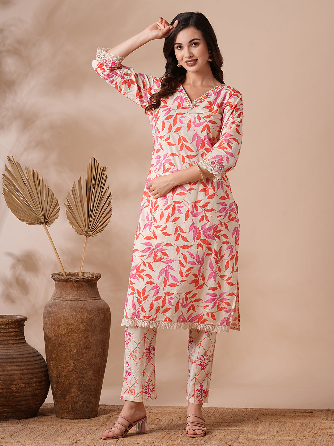 Floral Foil Printed & Embroidered Straight Fit Kurta with Pant - Off White