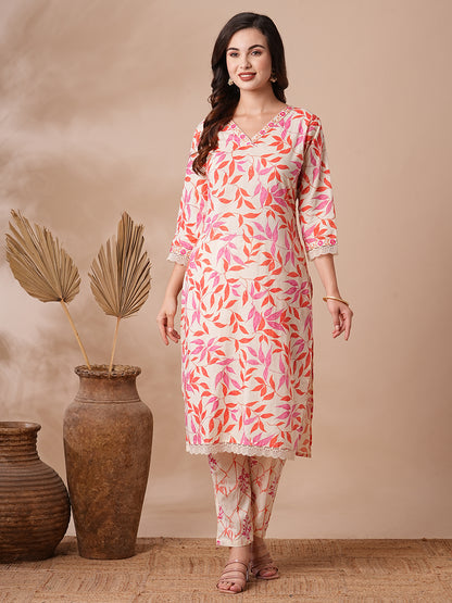 Floral Foil Printed & Embroidered Straight Fit Kurta with Pant - Off White