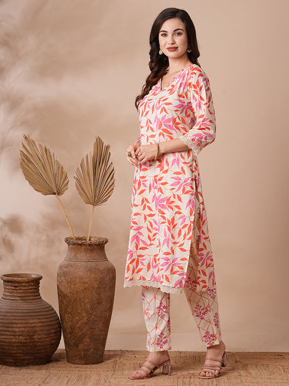 Floral Foil Printed & Embroidered Straight Fit Kurta with Pant - Off White