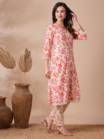 Floral Foil Printed & Embroidered Straight Fit Kurta with Pant - Off White