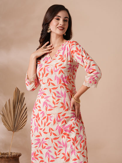 Floral Foil Printed & Embroidered Straight Fit Kurta with Pant - Off White