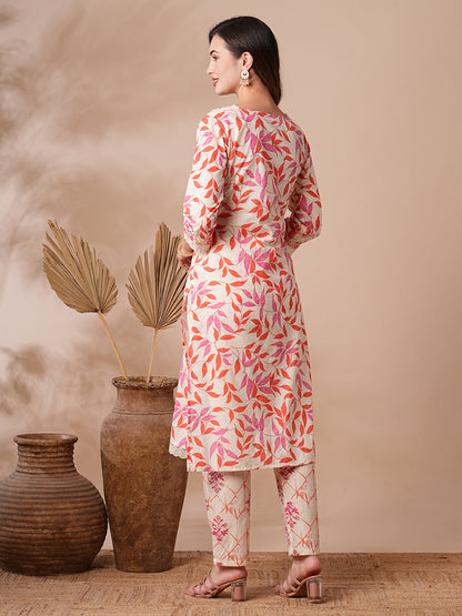 Floral Foil Printed & Embroidered Straight Fit Kurta with Pant - Off White