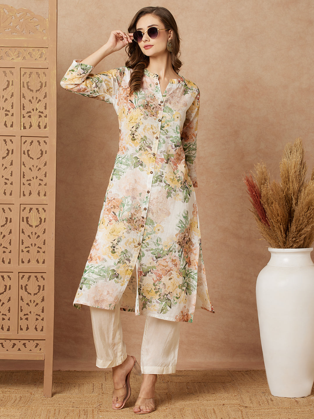 Abstract Floral Printed A-Line Cotton Flax Kurta - Off White