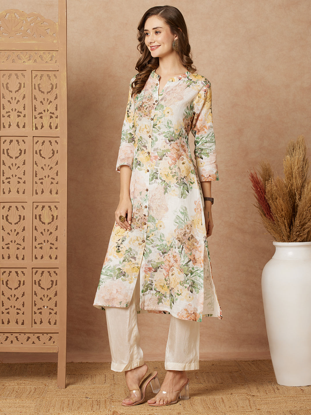 Abstract Floral Printed A-Line Cotton Flax Kurta - Off White