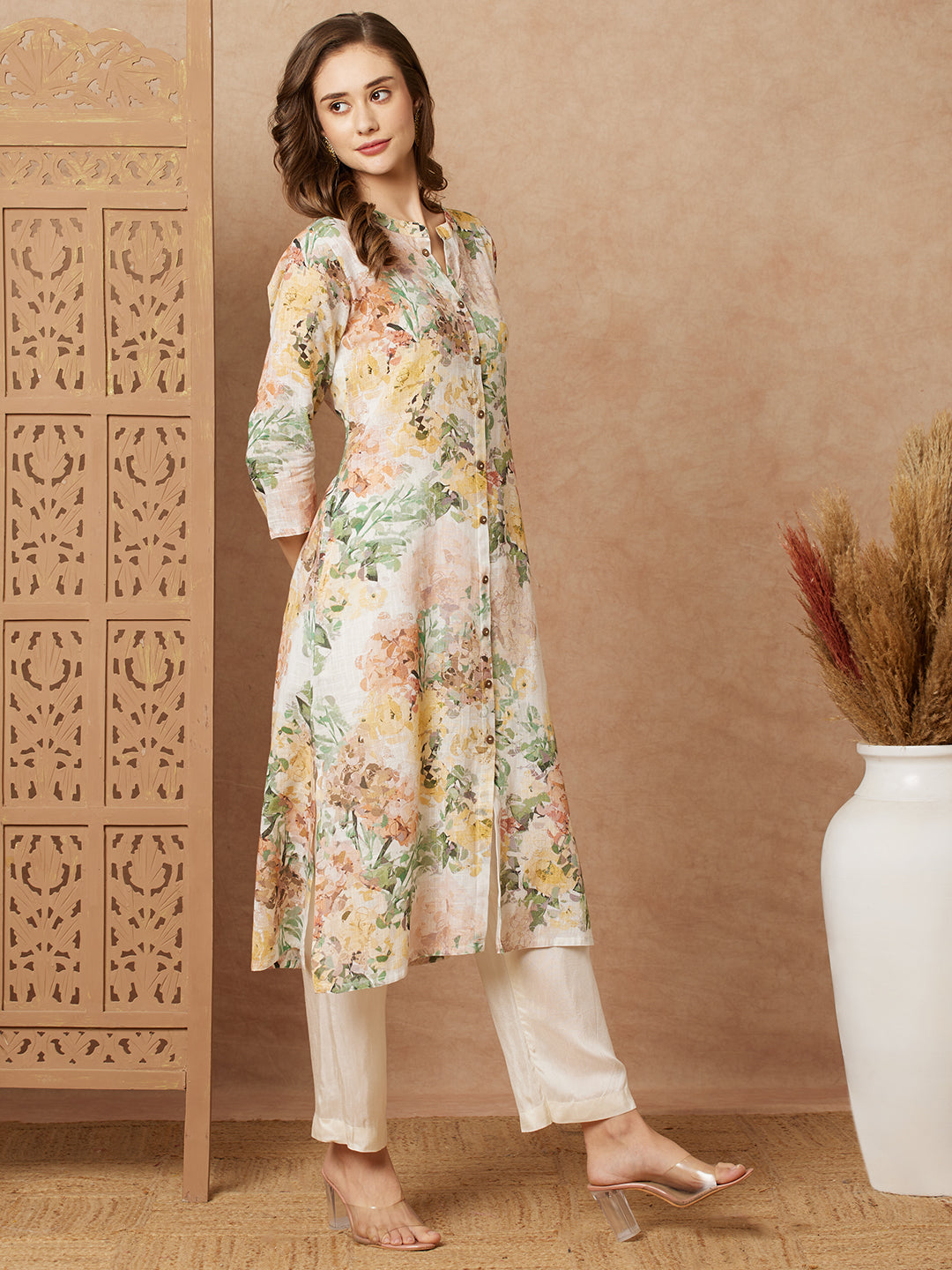 Abstract Floral Printed A-Line Cotton Flax Kurta - Off White