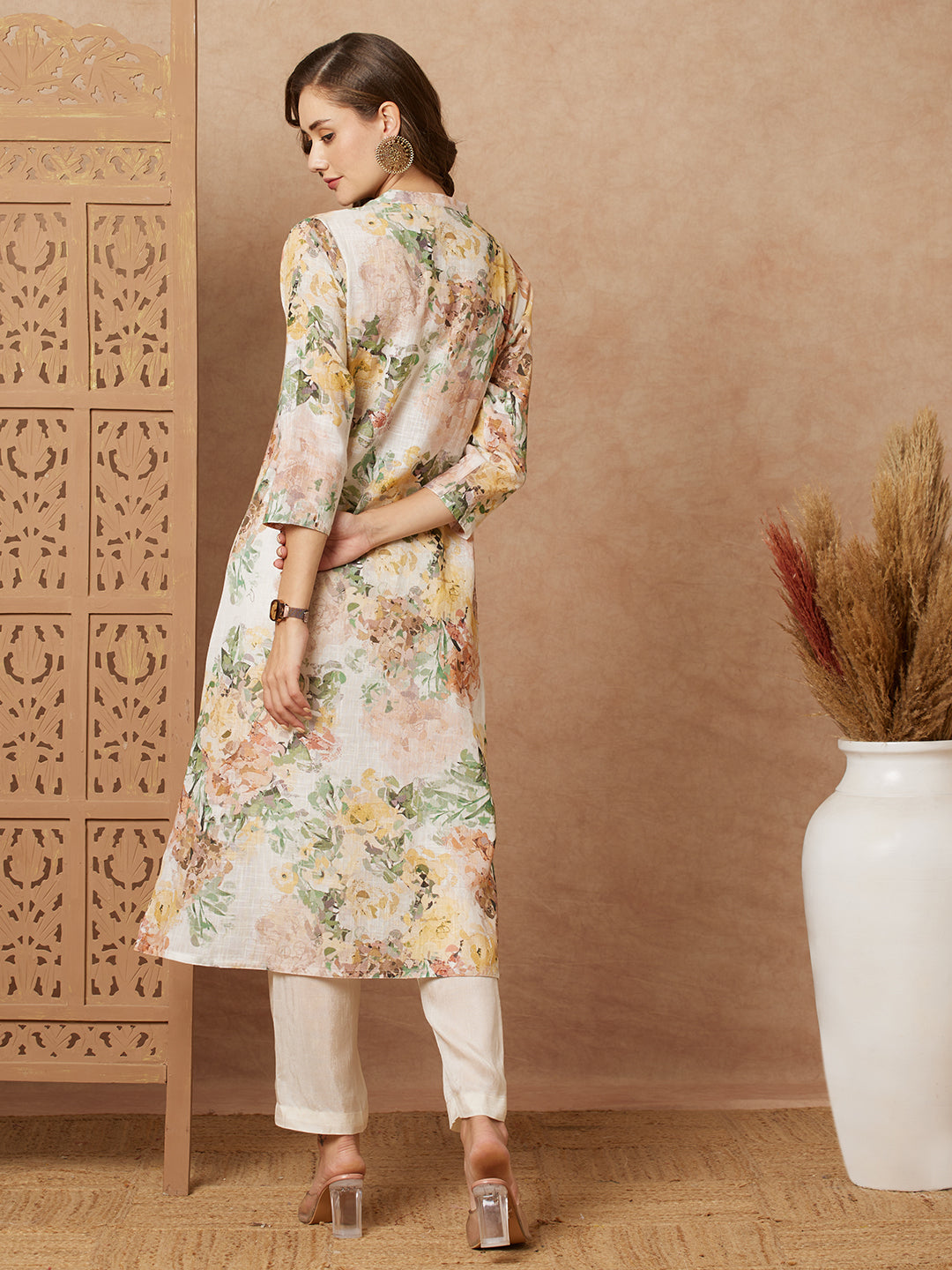 Abstract Floral Printed A-Line Cotton Flax Kurta - Off White