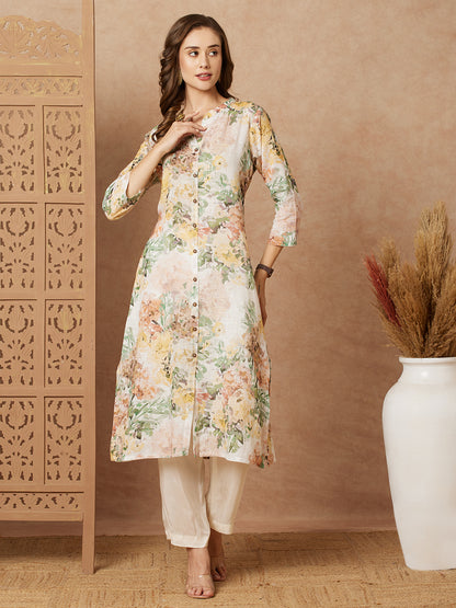 Abstract Floral Printed A-Line Cotton Flax Kurta - Off White