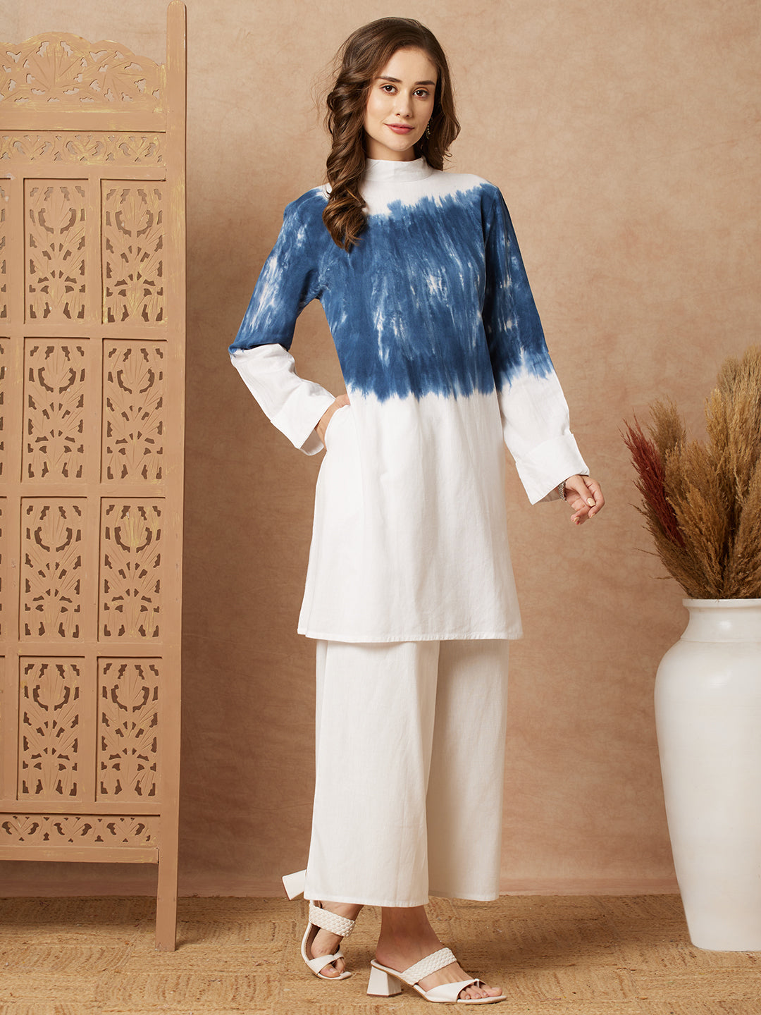 Shibori Dyed A-line Kurti with Palazzo Co-ord Set - White & Blue