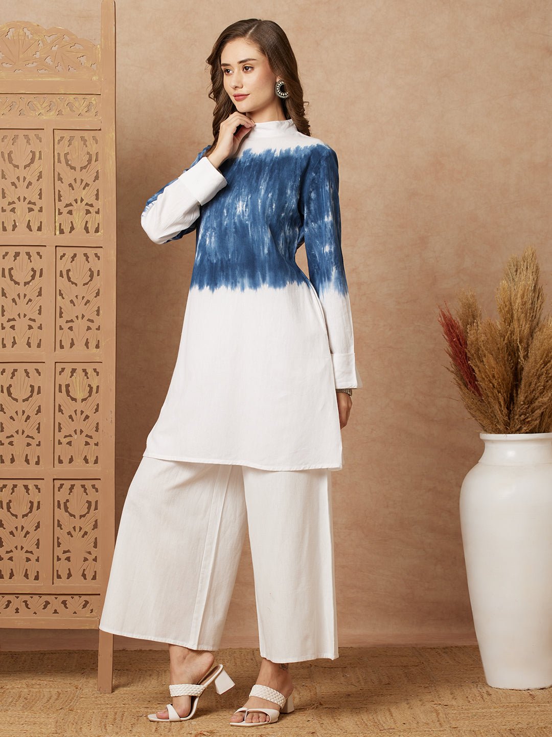 Shibori Dyed A-line Kurti with Palazzo Co-ord Set - White & Blue