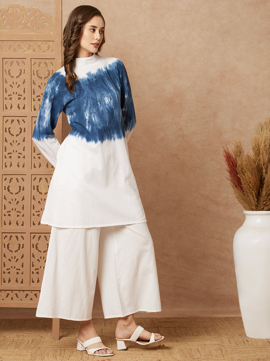 Shibori Dyed A-line Kurti with Palazzo Co-ord Set - White & Blue