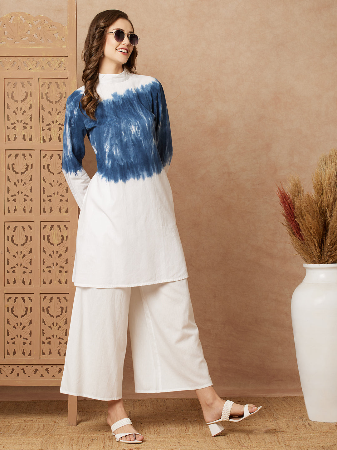 Shibori Dyed A-line Kurti with Palazzo Co-ord Set - White & Blue