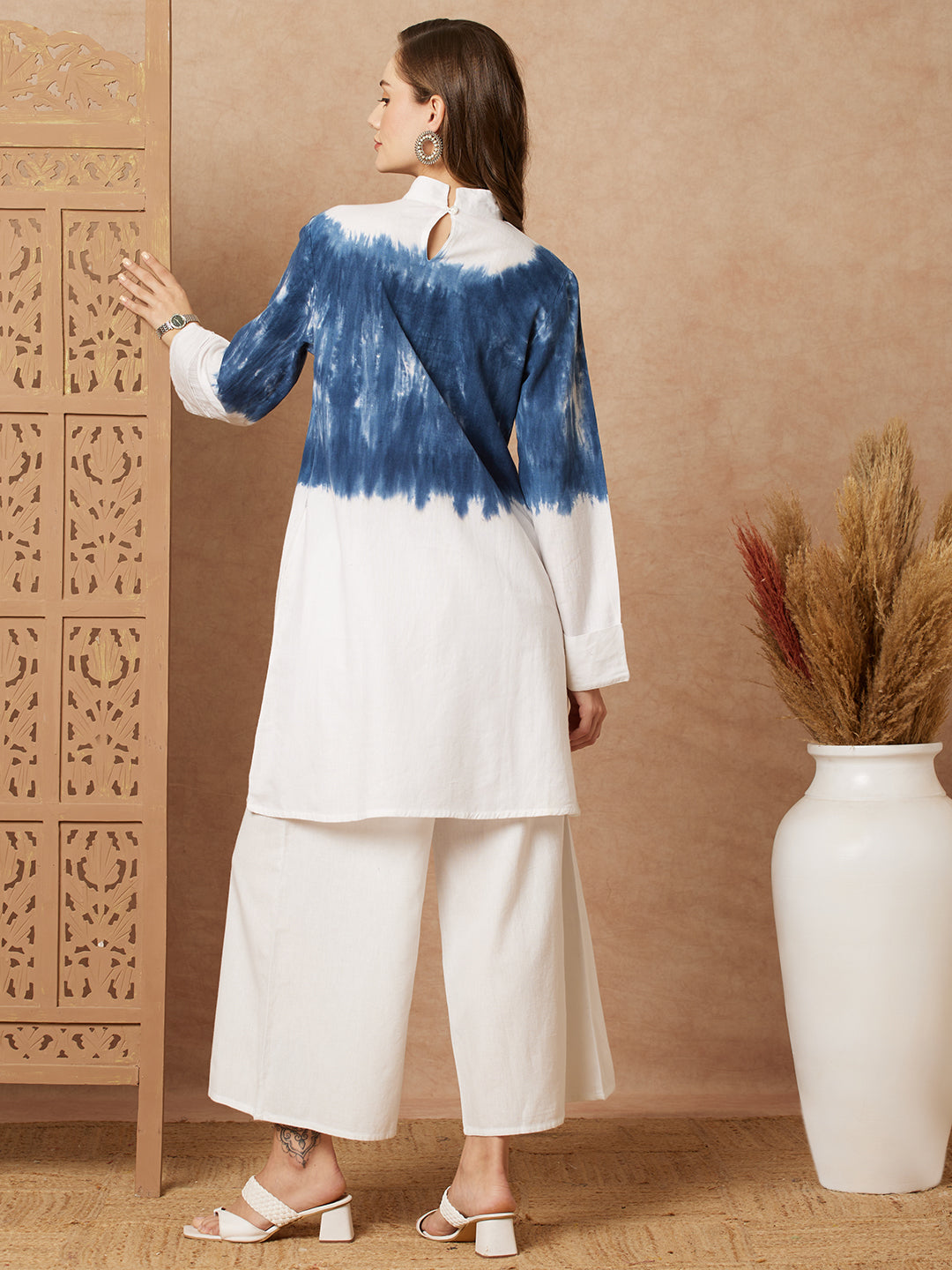 Shibori Dyed A-line Kurti with Palazzo Co-ord Set - White & Blue