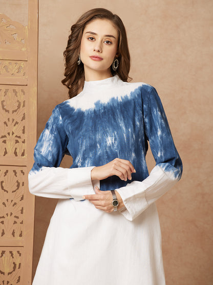 Shibori Dyed A-line Kurti with Palazzo Co-ord Set - White & Blue