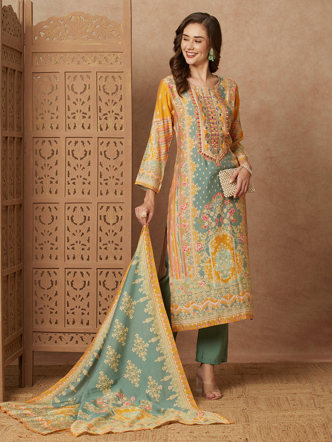 Ethnic Floral Printed Mirror Embroidered Kurta with Pant & Dupatta - Green