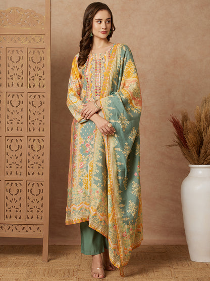 Ethnic Floral Printed Mirror Embroidered Kurta with Pant & Dupatta - Green