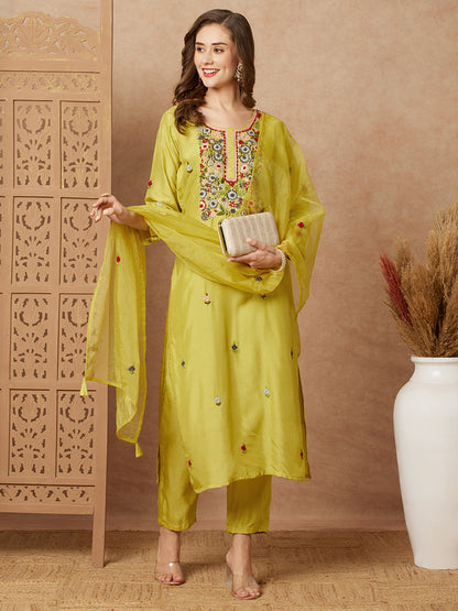 Floral Hand Embroidered Straight Fit Kurta with Pant & Dupatta - Lime Green