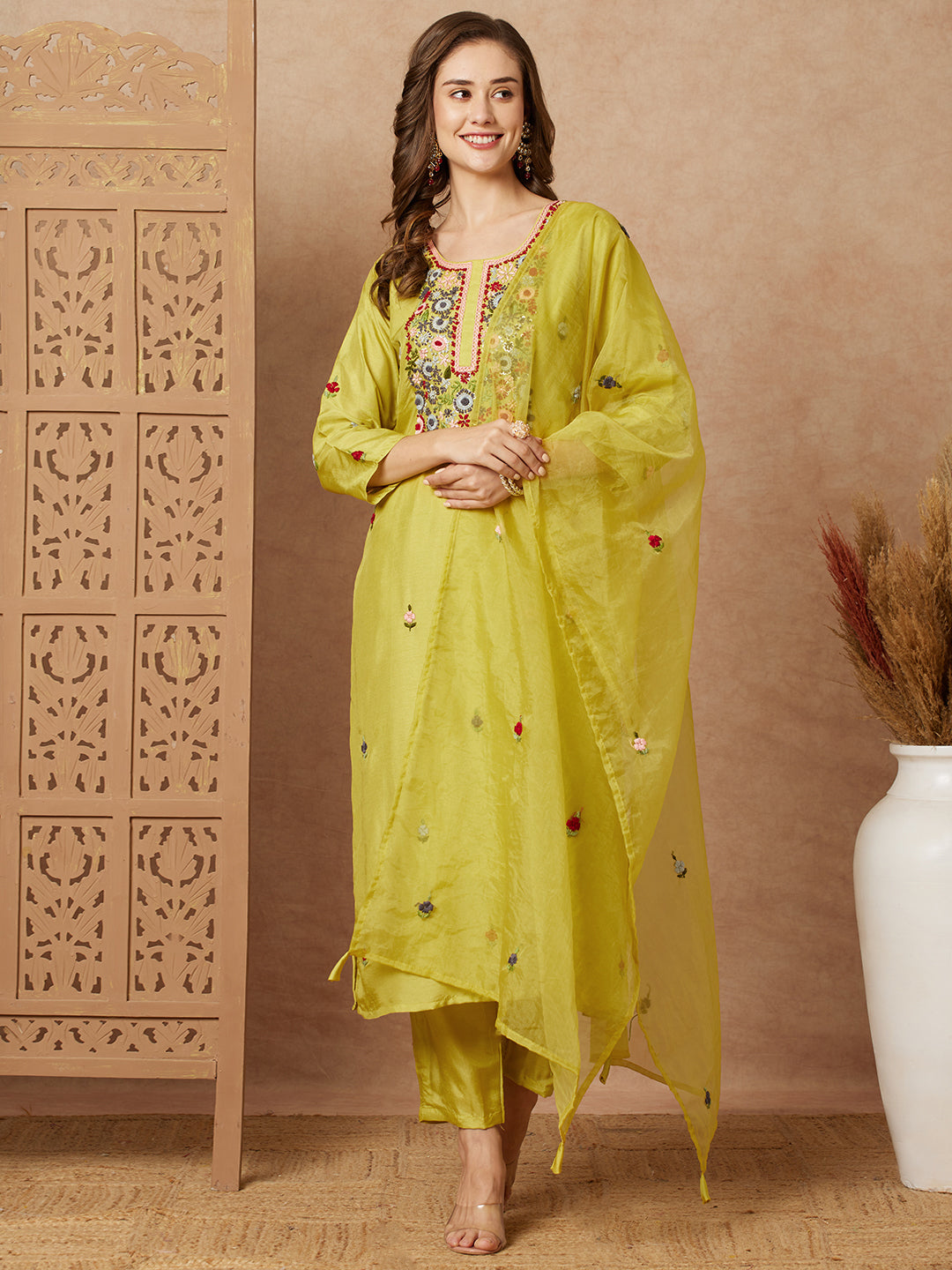 Floral Hand Embroidered Straight Fit Kurta with Pant & Dupatta - Lime Green