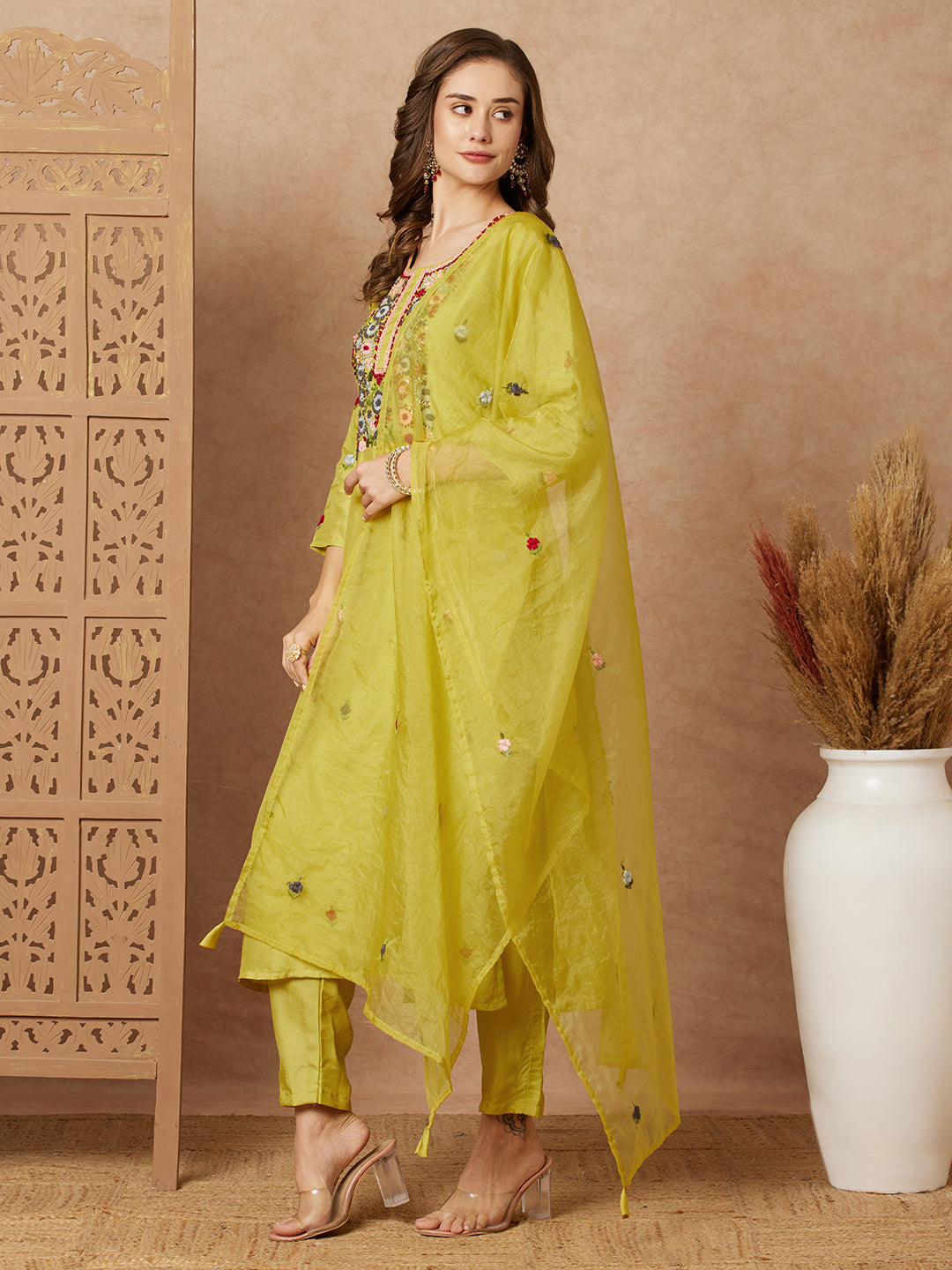 Floral Hand Embroidered Straight Fit Kurta with Pant & Dupatta - Lime Green