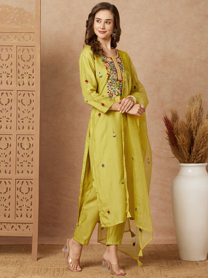 Floral Hand Embroidered Straight Fit Kurta with Pant & Dupatta - Lime Green