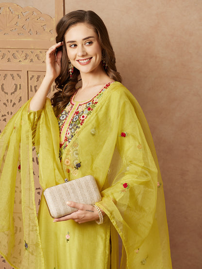 Floral Hand Embroidered Straight Fit Kurta with Pant & Dupatta - Lime Green