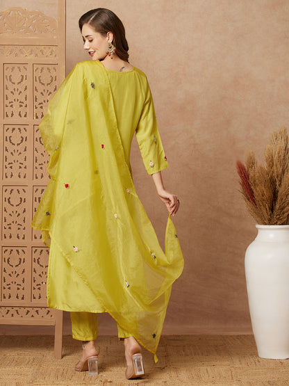 Floral Hand Embroidered Straight Fit Kurta with Pant & Dupatta - Lime Green