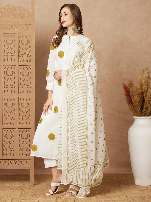 Polka Dot Printed A-Line Paneled Kurta with Pant & Dupatta - White