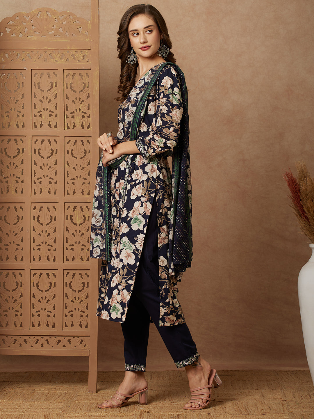 Floral Printed Straight Fit Kurta with Pant & Dupatta - Navy Blue