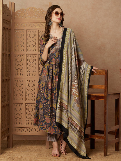 Floral Printed & Embroidered A-Line Pleated Kurta with Pant & Dupatta - Grey